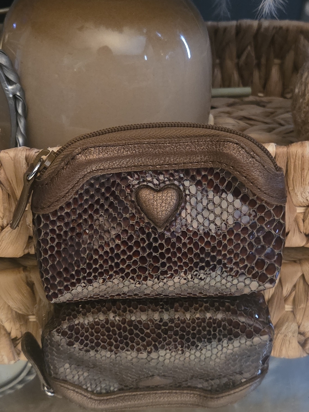 Brighton Brown Faux Snakeskin Heart Zip Coin Purse Mini Wallet